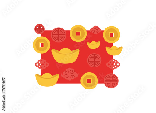 A Chinese gold coin with a square hole, a flying golden coin, and lucky Chinese coins
