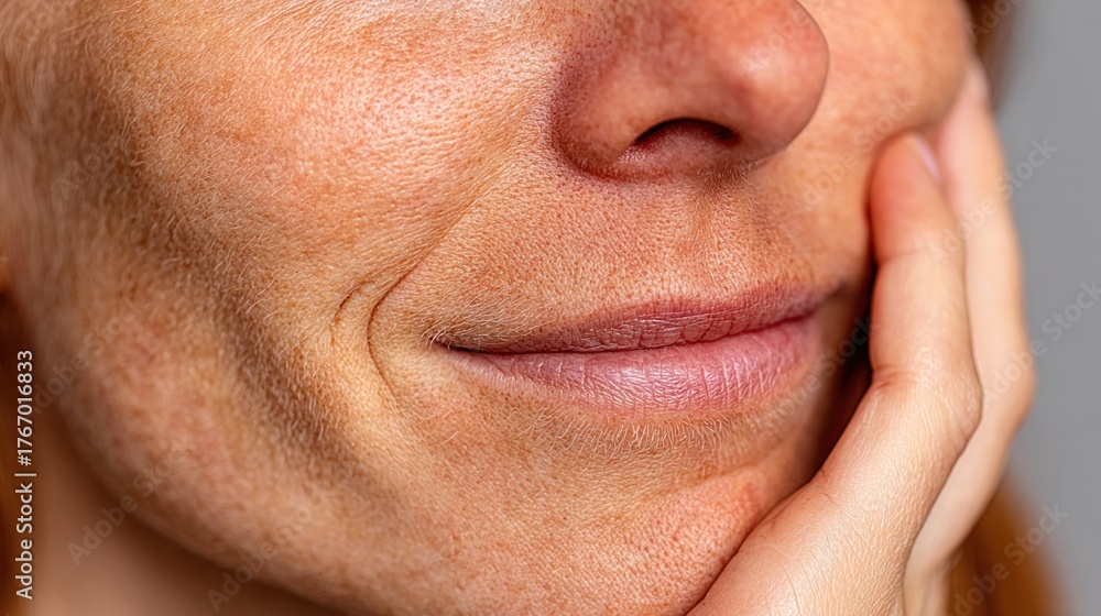 Obraz premium Smiling woman's face freckled skin, wrinkles near mouth, resting hand