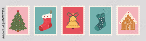Vintage Christmas postage stamp set:a hand-drawn tree, stockings, bell, bows, a gingerbread house. Soft pink, teal, red hues with scalloped edges evoke a cozy festive vector style. Xmas mail postmark.