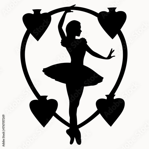 Silhouette of a ballerina in a tutu framed by a heart shaped design with spade shaped heart accents
