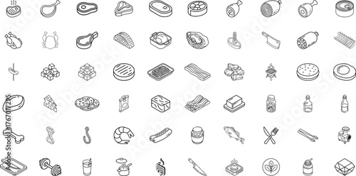Isometric Line Icons Set: Meat Products, Beef Cuts, Poultry, and Deli Food