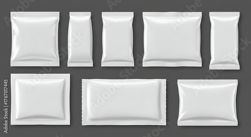Collection of blank white packaging pouches