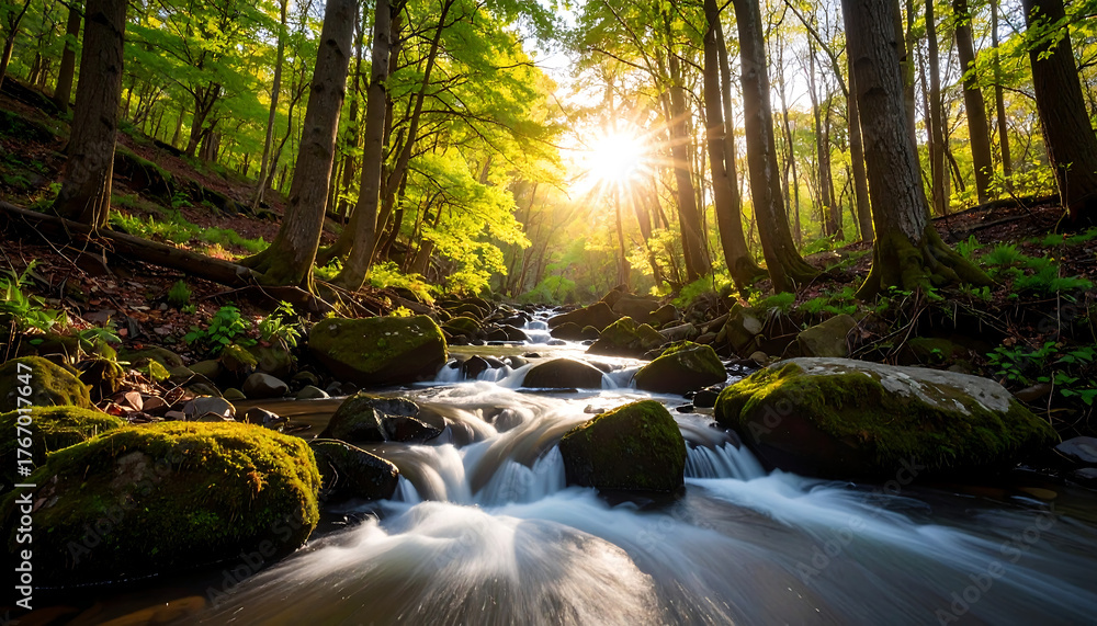 Fototapeta premium Sunlit stream flowing through forest landscape with lush trees and rocks