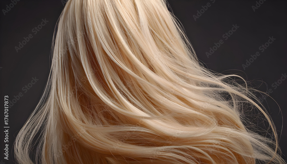 Naklejka premium Blonde synthetic hairpiece for women against a dark backdrop