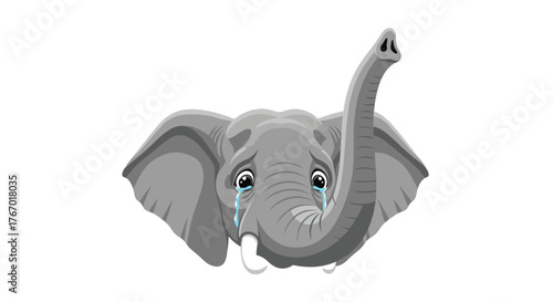 A cartoon illustration of a distressed grey elephant, crying with tears streaming down its face and its trunk raised in a plea.