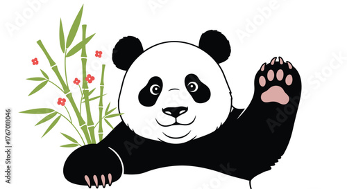 A charming cartoon giant panda waves cheerfully with its pink-padded paw, holding fresh green bamboo and delicate red flowers.
