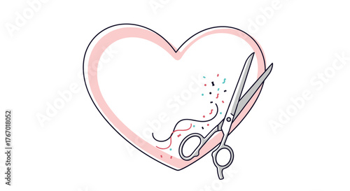A whimsical illustration features open scissors within a pastel pink heart, adorned with colorful confetti and flowing threads, symbolizing creativity and craft.