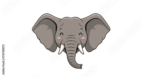 A charming and happy cartoon elephant head with large ears, a long trunk, and small tusks, illustrated with a friendly expression on a white background.