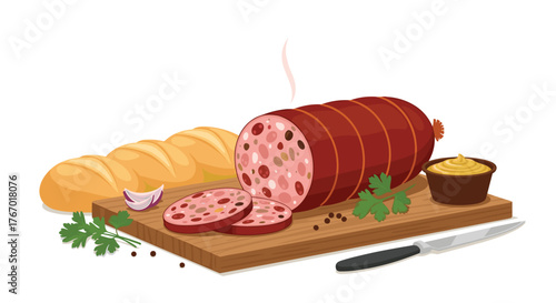 A tempting spread of sliced salami or sausage on a rustic wooden board, accompanied by fresh bread, tangy mustard, and aromatic herbs.