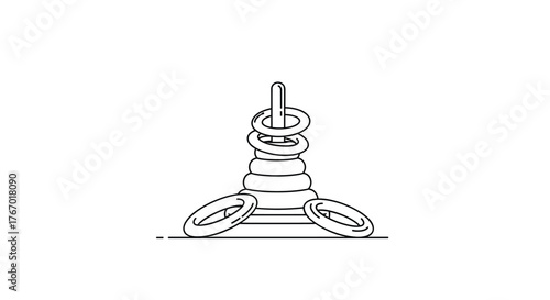 A minimalist line art illustration showing a classic ring toss game setup, with rings stacked on a central peg and additional rings on the ground.