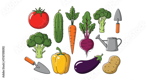 A colorful assortment of fresh garden vegetables like tomatoes, carrots, broccoli, and peppers, alongside essential gardening tools.