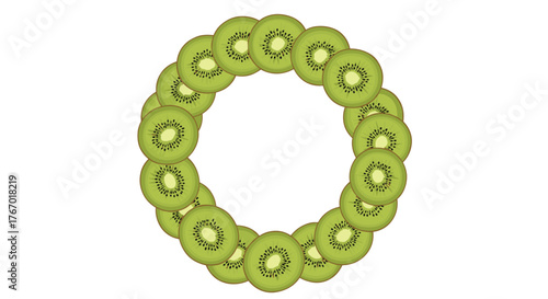 Green kiwi fruit slices are meticulously arranged in a perfect circle, creating an appealing and fresh fruit ring design.