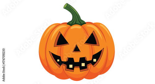 A vibrant orange jack-o'-lantern with a spooky carved face, triangular eyes and nose, and a wide, toothy grin, perfect for Halloween celebrations.