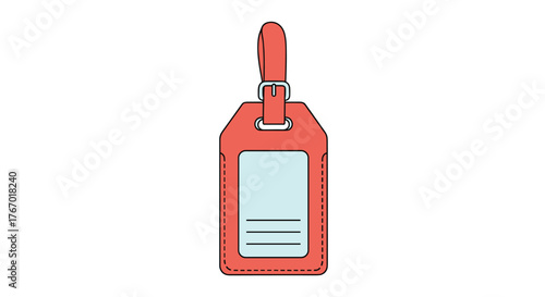 A simple illustration of a red luggage tag with a blank information window and a buckle strap against a white background.