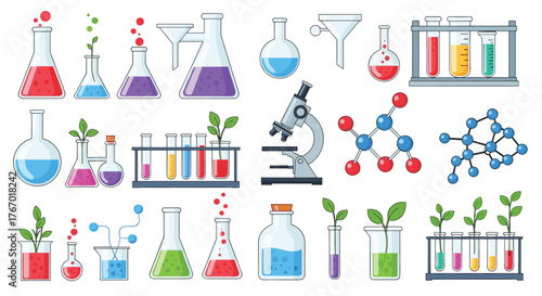 A colorful collection of laboratory equipment and scientific symbols, representing chemistry, biology, and research experiments.