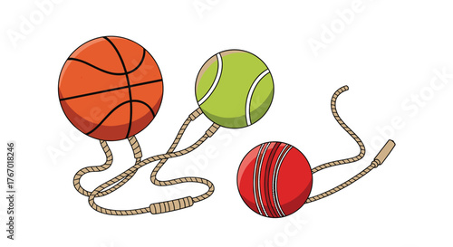 Three sports balls, a basketball, a tennis ball, and a cricket ball, each attached to a rope, suggesting a fun training aid or toy for children.