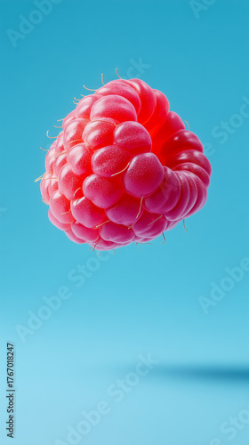 Floating raspberry on a bright blue background.