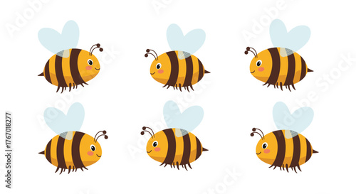 A cheerful group of six cute cartoon bumblebees with yellow and brown stripes and blue wings, flying against a clean white background.
