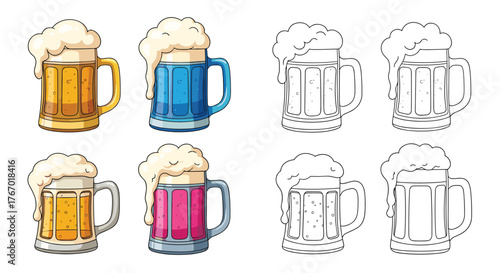 Stylized vector illustrations of frothy beer mugs in both full color and black and white line art, ideal for festive designs.