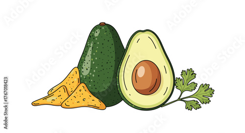 Fresh whole and halved avocados, crunchy tortilla chips, and a sprig of cilantro, ready for delicious guacamole or a snack.