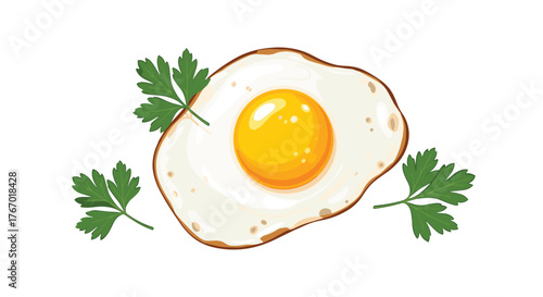 An appetizing illustration of a sunny-side-up fried egg with a bright yellow yolk and crispy edges, accompanied by fresh parsley, isolated on white.