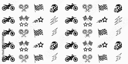 Motocross racing elements including motorcycles checkered flags helmets stars and lightning bolts