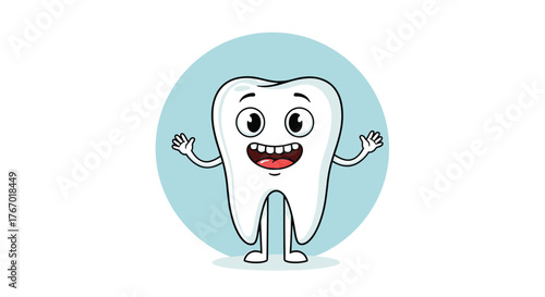 A cheerful and healthy cartoon tooth character with a wide smile and raised hands, standing in front of a soft blue background.