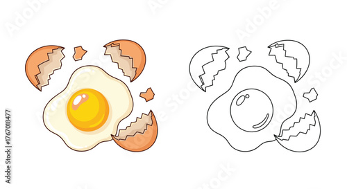 Cracked egg with broken eggshells, spilled yolk and white, next to a black and white outline version for a coloring page.