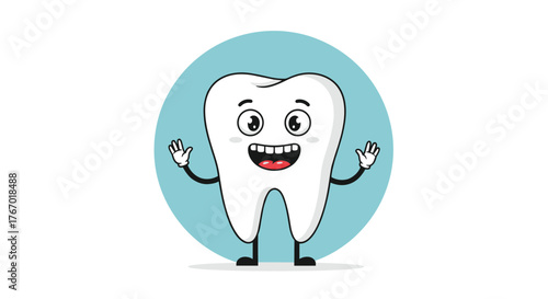 Happy cartoon tooth mascot with a wide smile and welcoming gesture, standing against a light blue circle, symbolizing good oral health.