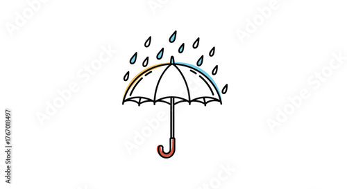 Outline drawing of an open umbrella with a curved red handle, catching stylized blue raindrops against a white background, suggesting a rainy forecast.