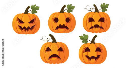 A collection of cartoon Halloween jack-o'-lanterns with various carved facial expressions including angry, sad, and happy emotions.
