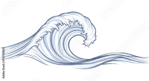 A dynamic blue and white illustration of a large ocean wave with a frothy crest and splashing water, isolated on white.