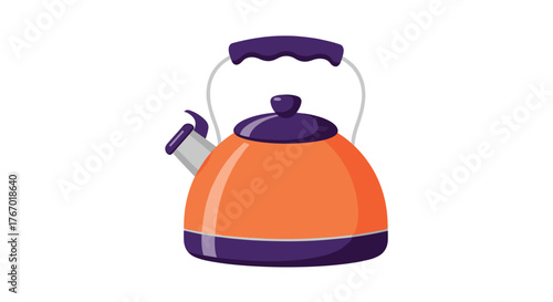 A vibrant orange whistling kettle with purple accents, featuring a curved handle and a classic spout, ready to boil water for tea or coffee.