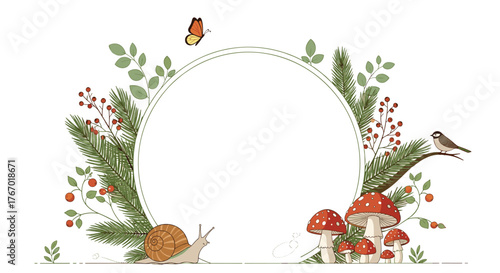Whimsical forest animal and plant illustration forming a circular frame with a blank space for text or images.