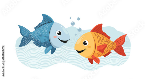 Two happy cartoon fish, one blue and one golden, swim together in clear water with gentle waves and bubbles, looking at each other with cheerful smiles.