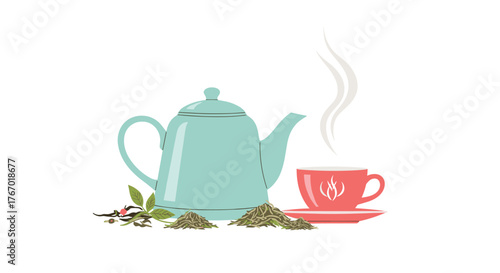 A charming illustration of a steaming cup of tea, a teapot, and various types of loose tea leaves, perfect for a relaxing brew.