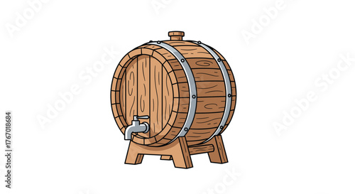 A rustic wooden barrel with metal bands, equipped with a tap for dispensing beverages, stands on a simple wooden base, ideal for wine or beer storage.