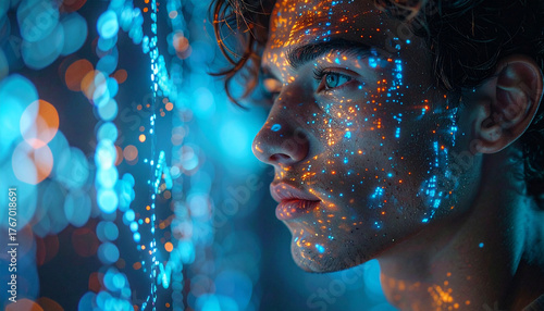 Digital Portrait of Contemplation: A young person's profile is bathed in ethereal blue and orange lights, a visual metaphor for the connection between person and digital universe.