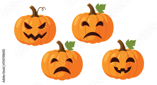 Four cartoon Halloween pumpkins featuring diverse carved facial expressions, including angry, sad, worried, and joyful, isolated on a white background.
