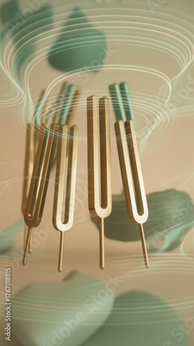 Stylized illustration of four tuning forks with abstract sound wave background. Editorial concept for resonance, vibration or acoustic science.