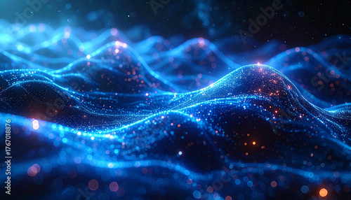 Digital Abstract Waves: A mesmerizing digital artwork features flowing blue waves illuminated with countless bright particles, creating an ethereal and dynamic composition.