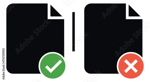 Two document icons with checkmark and cross symbols representing decision-making, approval and rejection, status choice, business, office, workflow, and organizational concept.