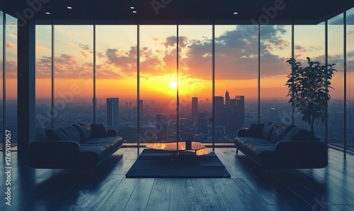 Fototapeta Naklejka Na Ścianę i Meble -  Ultra-modern living room with panoramic glass walls, sleek furniture, and a sunset view over the city skyline,