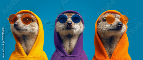 Three meerkats in colorful hoodies and sunglasses posing on vibrant background.