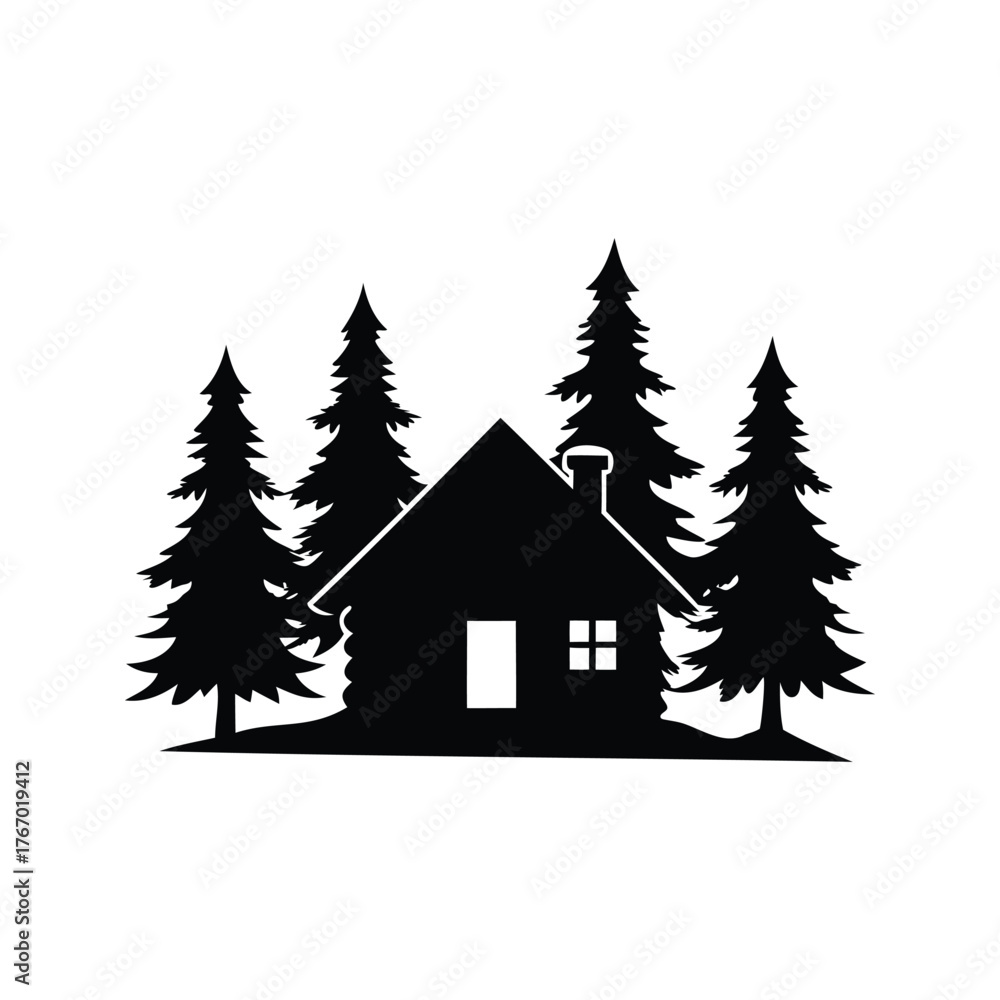 Obraz premium Silhouette of a cozy cabin surrounded by tall evergreen trees, forest cabin silhouette vector illustration