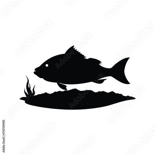 Silhouette of a fish in the water with sea grass and sand, fish gliding near ocean floor silhouette vector illustration