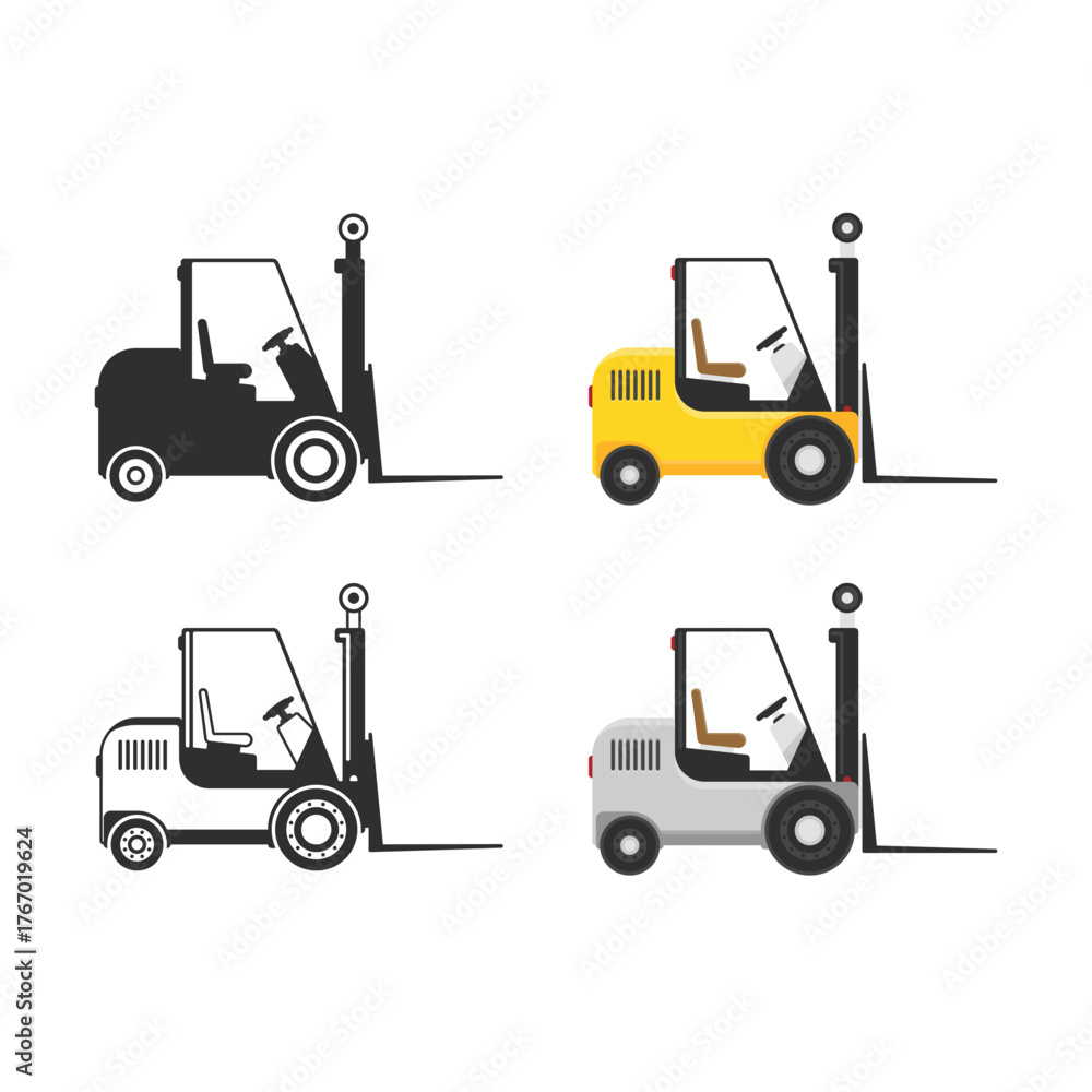 Fototapeta premium Forklift truck icon isolated on white background. Loader sign in flat style. Industry cargo equipment, fork lift and delivery, shipping concept.