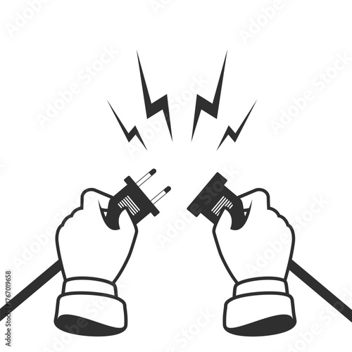 Hands disconnecting electrical plug. Business connection concept. Partnership. Two hands trying to disconnect electric plug together. Vector illustration in flat style.