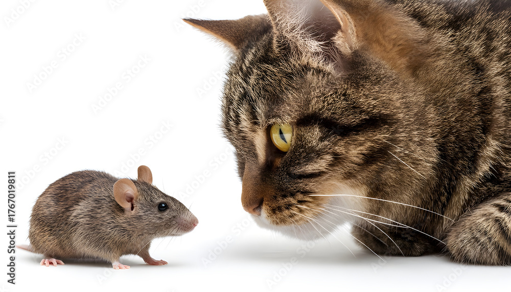 Obraz premium Cat looking at rat on white background