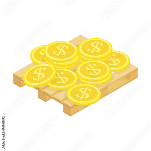 Wooden pallet loaded with stacks of coins, illustrating wealth, savings, or investment assets stored in a container or warehouse context.